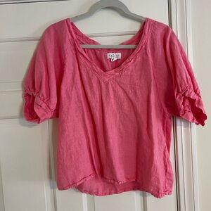 Velvet pink V-neck puff sleeve blouse